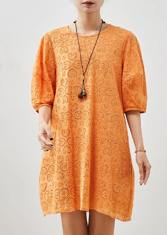 flowy evening dressItalian Orange Embroidered Hollow Out Cotton Dress Summer