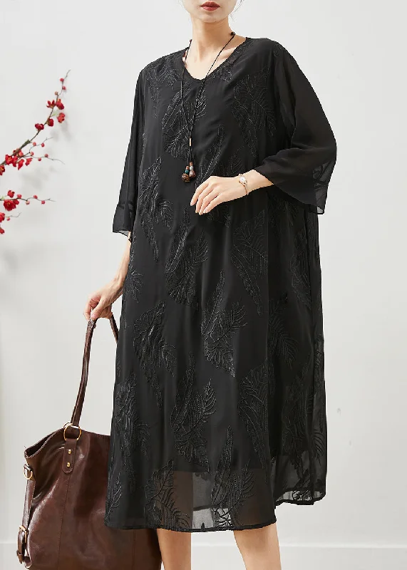 structured dressFine Black Embroidered Chiffon Long Dresses Summer