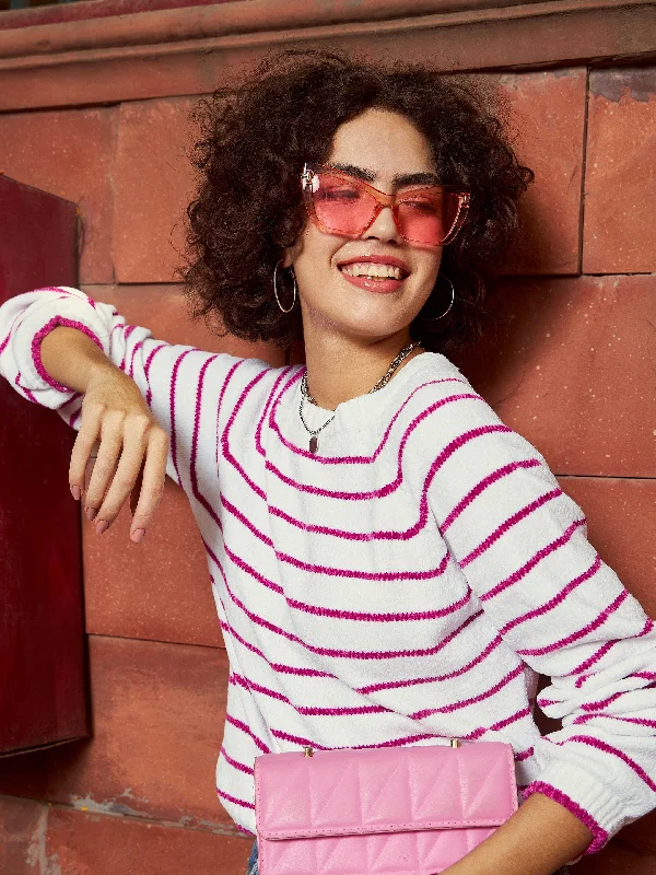 Crazy Savings cool workout sweatshirtWomen Pink & White Striped Full Sleeves Sweater Crazy Savings cool workout sweatshirtWomen Pink & White Striped Full Sleeves Sweater