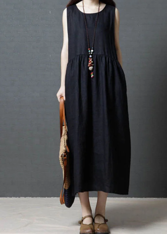 Season Finale Sale pleated maxi dresspleated maxi dressDiy Black O Neck Wrinkled Patchwork Cotton Dress Sleeveless