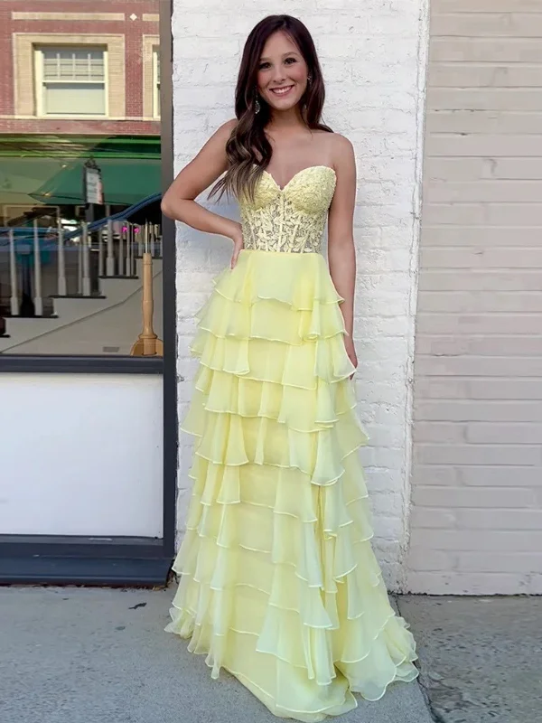 Value Deals elegant shift dresselegant shift dressStrapless Layered Yellow Lace Top Long Prom Dresses, Long Yellow Formal Dresses, Yellow Chiffon Evening Dresses SP2833