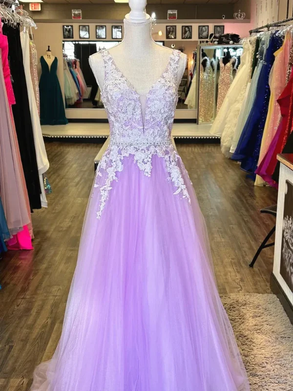 Big Discounts form-fitting dressform-fitting dressA Line V Neck Open Back Lace Lilac Tulle Long Prom Dresses, Long Lilac Formal Graduation Evening Dresses SP2860