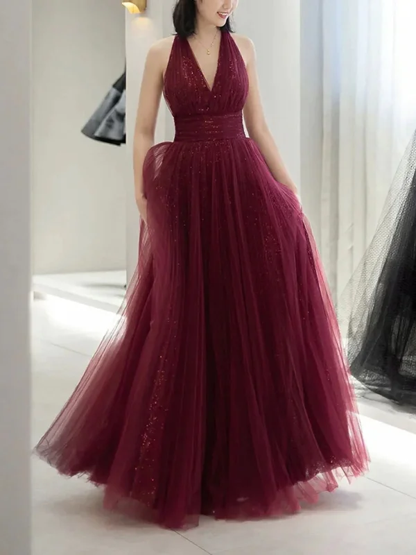Special Discount sleek midi dresssleek midi dressShiny V Neck Backless Burgundy Tulle Long Prom Dresses, Backless Burgundy Formal Dresses, Burgundy Evening Dresses SP2627