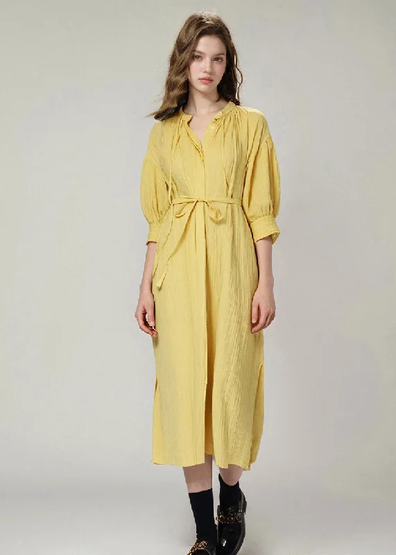 lace-up dressStylish Yellow Lace Up Loose Cotton Shirts Dress Summer