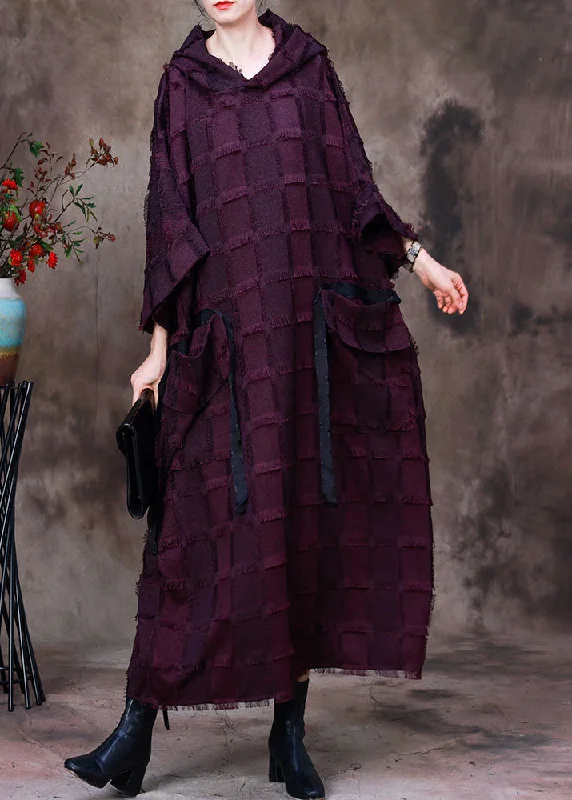 summer floral dressWomen Purple Striped Silk Cotton Hooded Dresses Long Sleeve