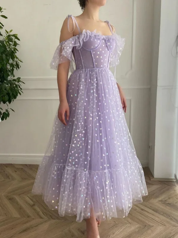 Stock Up and Save high-waisted dresshigh-waisted dressOff the Shoulder Tea Length Purple Prom Dresses, Off Shoulder Purple Homecoming Dresses, Lilac Formal Evening Dresses SP2526