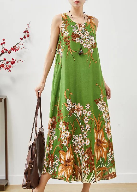 wrap-around dressGreen Print Cotton A Line Dresses Oversized Sleeveless