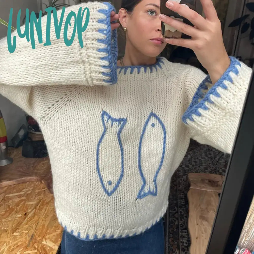 Savings Spectacular Lunivop Fish Contrast Color Warm Sweater for Fall Winter Y2K Knitwear Aesthetic Knitted Sweater Vintage Long Sleeve Crew Neck Pullover