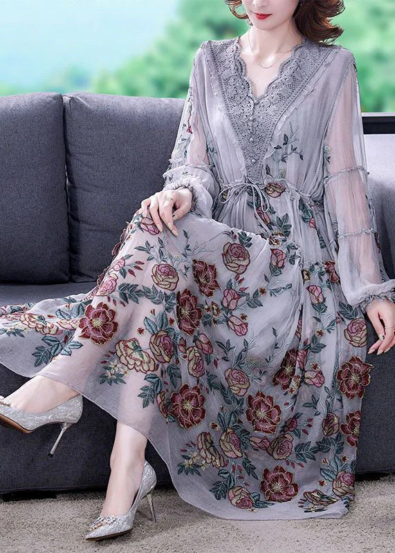 puff sleeve dressWomen Grey V Neck Patchwork Embroideried Silk Cinched Dress Lantern Sleeve