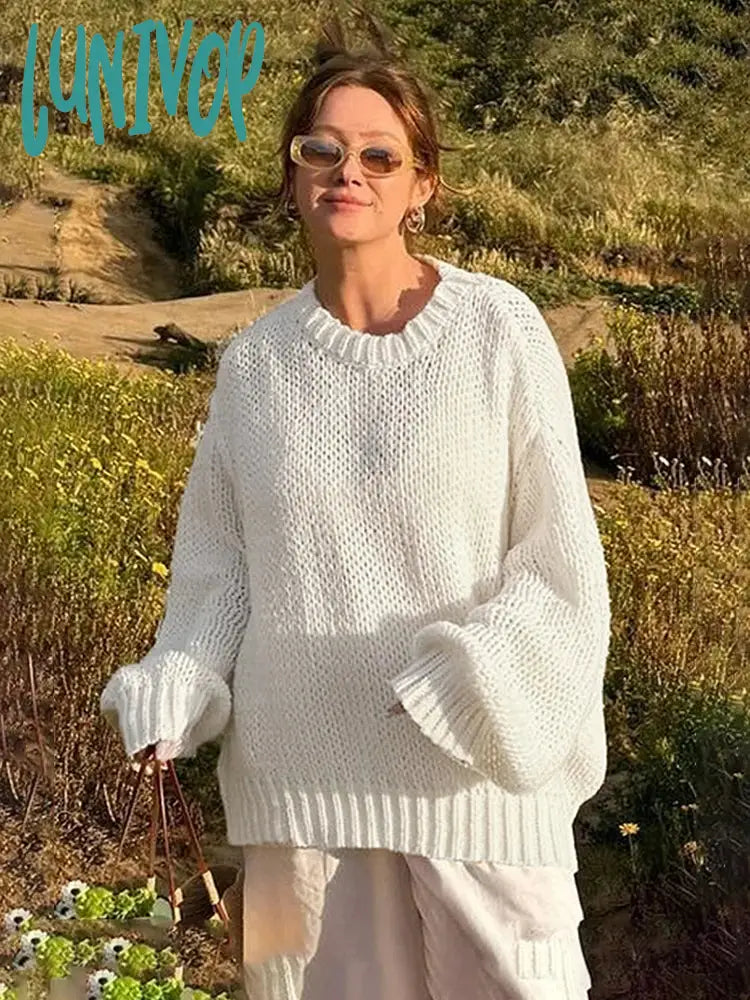 Special Offer Lunivop White Loose Lazy Sweater Women's Thin Long-Sleeved Pullover Knitted Top Hollow Out Fashion Autumn Female Casual Knitwear