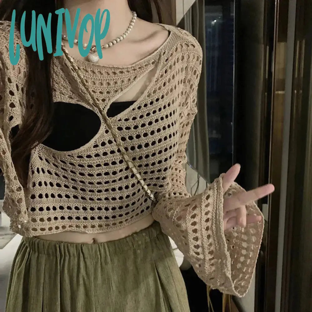Limited Time Offer Lunivop Y2K Sheer Crop Sweater Women Sexy Hollow Out Long Sleeve Crochet Pullovers Vintage Streetwear Loose Casual Sunscreen Tops