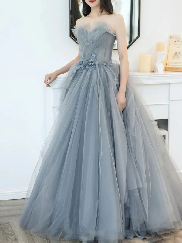 Sale Event flowy dressflowy dressStrapless Gray Tulle Floral Long Prom Dresses, Strapless Gray Formal Evening Dresses, Grey Ball Gown SP2677