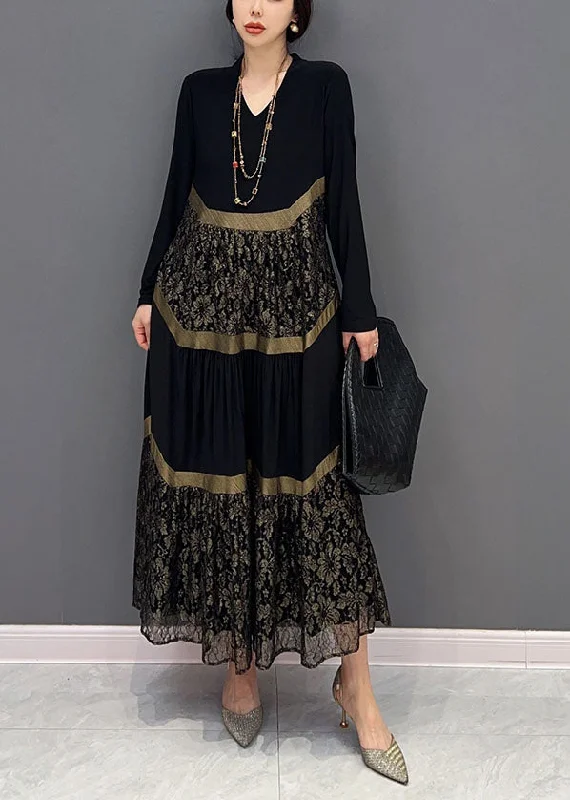 comfy maxi dressCasual Black V Neck Tulle Patchwork Wrinkled Long Dress Spring