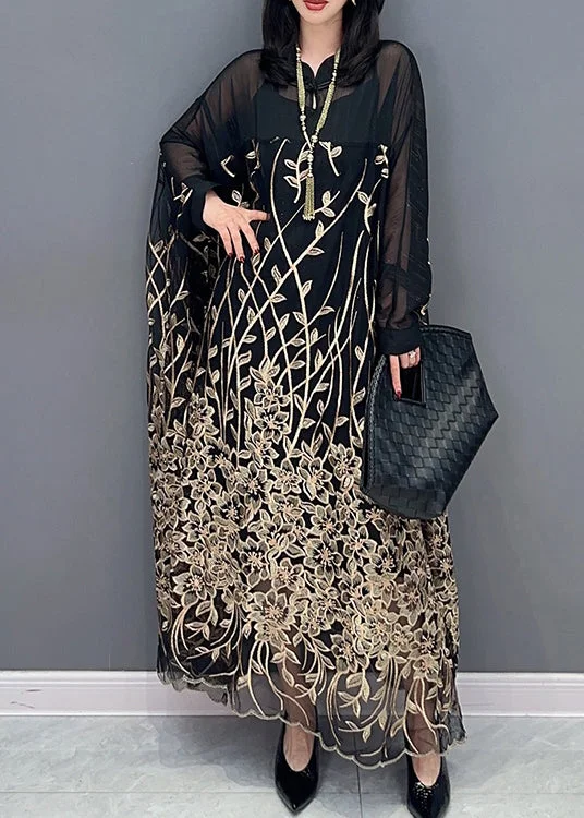 elegant evening dressClassy Black Stand Collar Embroideried Button Tulle Maxi Dress Long Sleeve