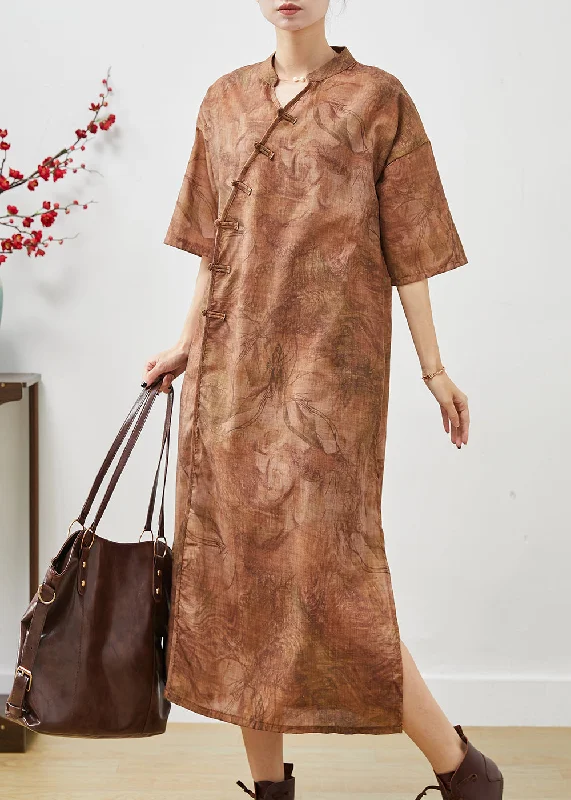 comfy dressKhaki Tie Dye Linen Long Dresses Chinese Button Summer