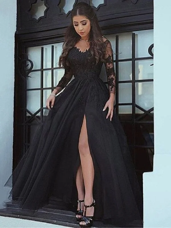 Referral Discount mini dressmini dressBlack A Line Long Sleeves Lace Prom Dress, Black Lace Formal Dress, Evening Dress