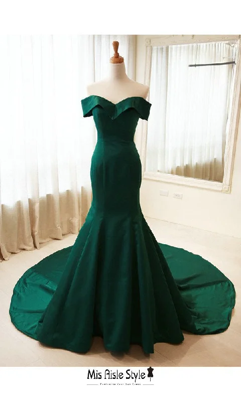 Seasonal Clearance sleek midi dresssleek midi dressFit and Flare Off Shoulder Sleeve Deep Green Party Dress