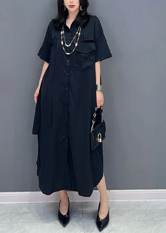 Steals and Deals ashionable dressashionable dressStyle Black Peter Pan Collar Button Solid Maxi Shirts Dress Summer