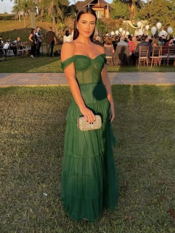 Midnight Madness stylish party dressstylish party dressOff Shoulder Green Tulle Long Prom Dresses, Long Green Formal Graduation Evening Dresses SP2658