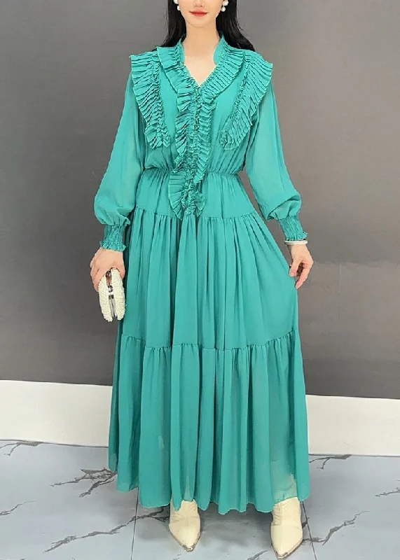 chic shift dressGreen Ruffled Patchwork Chiffon Fall Maxi Dress V Neck