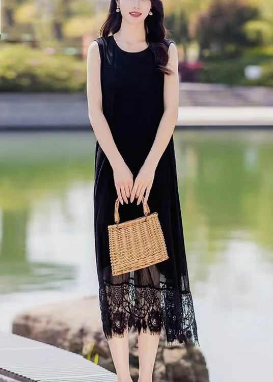 Daily Deals chic shift dresschic shift dressLace Patchwork Pocket Round Neck Sleeveless Maxi Dress Black