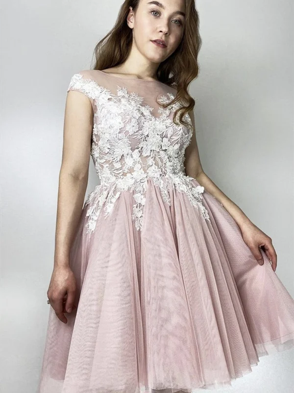Buy Now modern dressmodern dressCap Sleeves Round Neck Short Pink Lace Prom Dresses, Pink Lace Homecoming Dresses, Pink Short Formal Graduation Evening Dresses