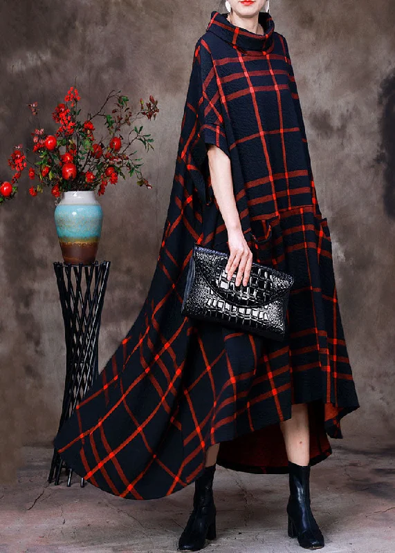 casual evening dressRed Plaid Cotton Long Dress Asymmetrical Design Pockets Short Sleeve