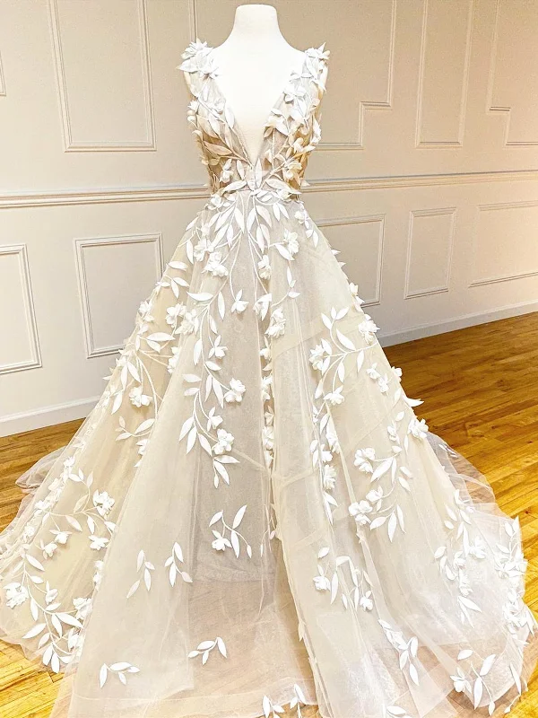 Instant Discount midi dressmidi dressDeep V Neck Champagne Lace Floral Long Prom Dresses, V Neck Champagne Formal Evening Dresses