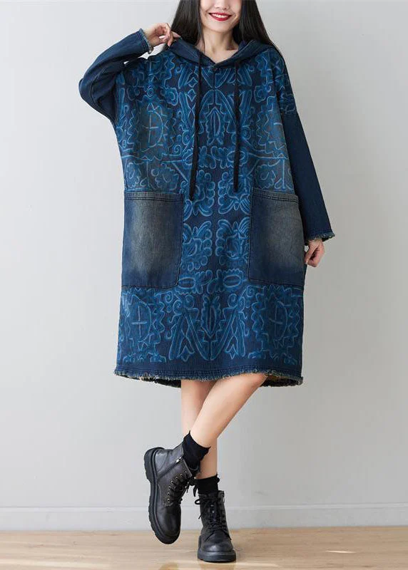 Best Bargains flowy dressflowy dressNavy Patchwork Pockets Print Denim Dress Hooded Spring