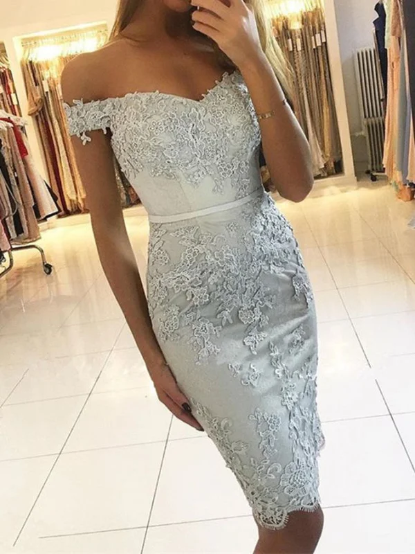 Price Break wrap dresswrap dressOff Shoulder Mermaid Blue Lace Prom Dresses, Mermaid Blue Homecoming Dresses, Short Blue Formal Evening Dresses SP2419