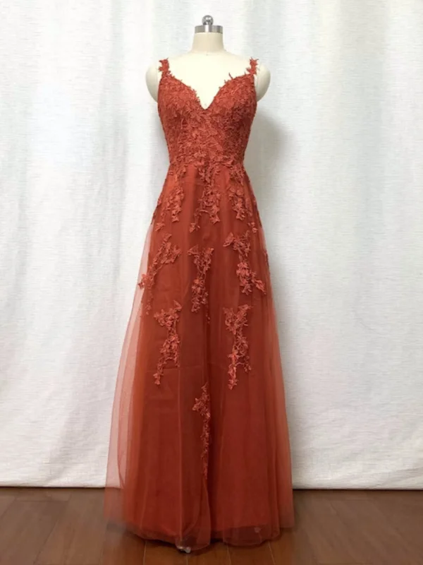 Big Discounts satin dresssatin dressV Neck Open Back Orange Lace Long Prom Dresses, Orange Lace Formal Dresses, Orange Tulle Evening Dresses SP2729