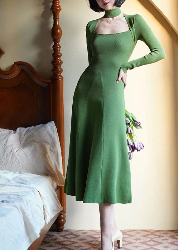 Loyalty Reward floral midi dressfloral midi dressItalian Green Square Collar Patchwork Knit Party Dress Spring