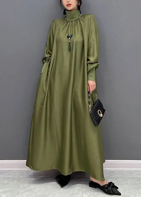 fitted cocktail dressModern Army Green High Neck Oversized Solid Color Silk Dress Fall