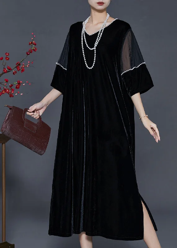 casual knit dressWomen Black Oversized Patchwork Nail Bead Silk Velvet Dress Spring