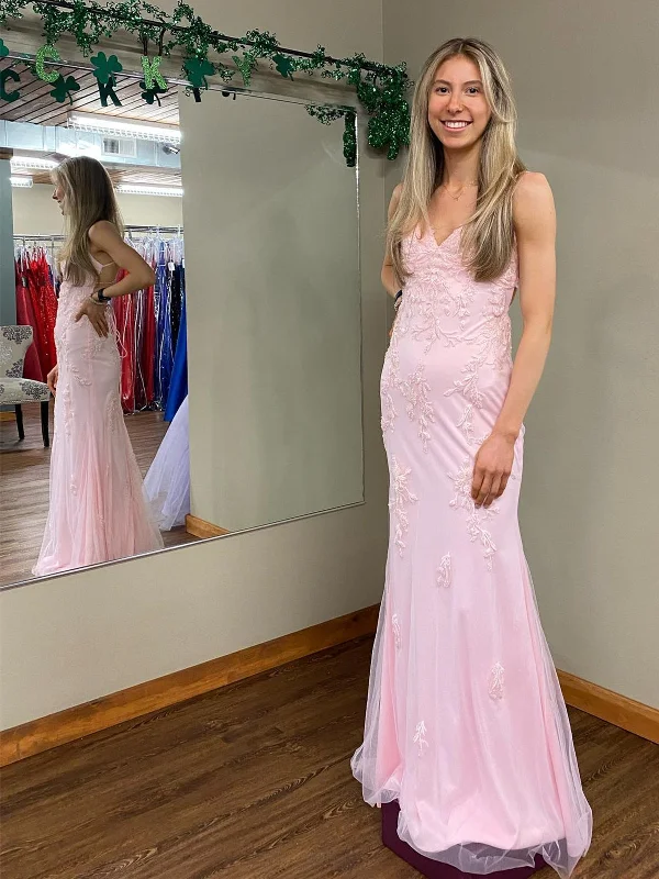 Limited Stock vintage dressvintage dressV Neck Open Back Mermaid Pink Lace Appliques Long Prom Dresses, Mermaid Pink Formal Dresses, Pink Lace Evening Dresses SP2397