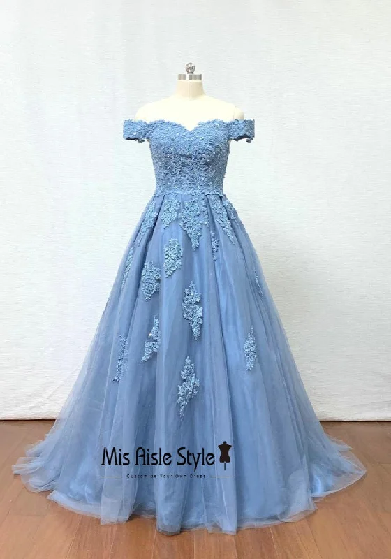 Year-End Sale vintage-inspired dressvintage-inspired dressOff Shoulder Sleeve Blue Lace Prom Dress