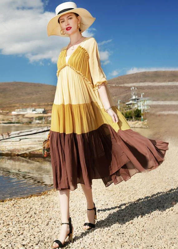 Savings Bonanza romantic dressromantic dressNatural Colorblock V Neck Wrinkled Patchwork Chiffon Dresses Summer