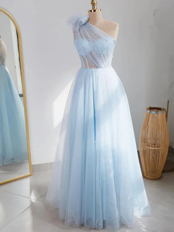 Clearance Sale minimalistic dressminimalistic dressOne Shoulder Beaded Light Blue Tulle Long Prom Dresses, One Shoulder Formal Dresses, Light Blue Evening Dresses SP2759