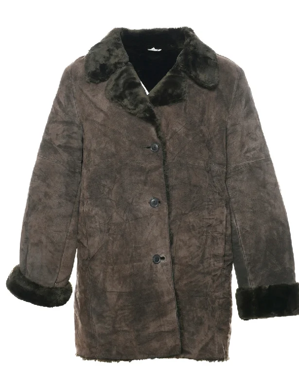 YEAR-End Sale stylish peacoatDark Brown Faux Shearling Suede Jacket - L