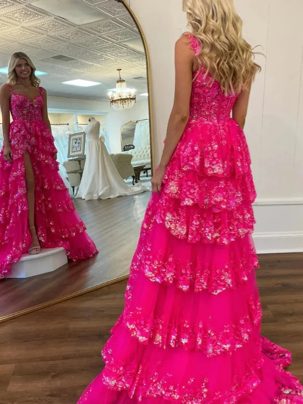 Today’s Special wool dresswool dressHot Pink Lace Floral Long Prom Dresses with High Split, Layered Hot Pink Lace Formal Graduation Evening Dresses SP2868