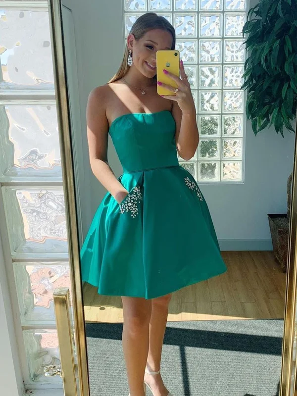 Buy More, Save More cocktail party dresscocktail party dressStrapless Open Back Green Short Prom Dresses with Pocket, Open Back Green Homecoming Dresses, Short Green Formal Evening Dresses