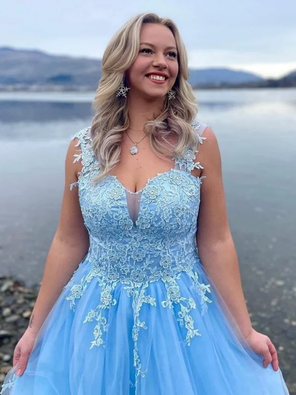 Warehouse Sale puff sleeve dresspuff sleeve dressA Line Open Back Light Blue Lace Long Prom Dresses, Light Blue Lace Formal Dresses, Light Blue Evening Dresses SP2864