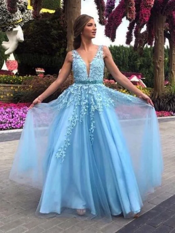 Discount Deals chic dresschic dressA Line V Neck Blue Lace Long Prom Dresses with Belt, Blue Lace Formal Graduation Evening Dresses SP2853
