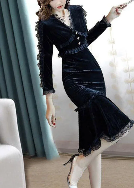 Overstock summer dresssummer dressSlim Fit Black V Neck Lace Patchwork Silk Velour Wraped Dress Spring