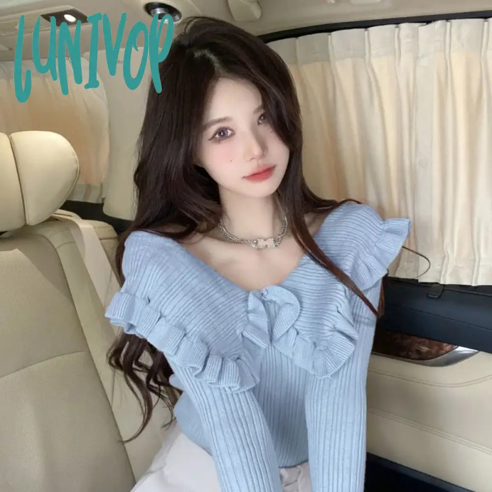 Warehouse Sale Lunivop Chic Sweet Knitwear Women Spring and Autumn New Solid Color Long-sleeved Sweater Tops Versatile Cute Pullover Top Female