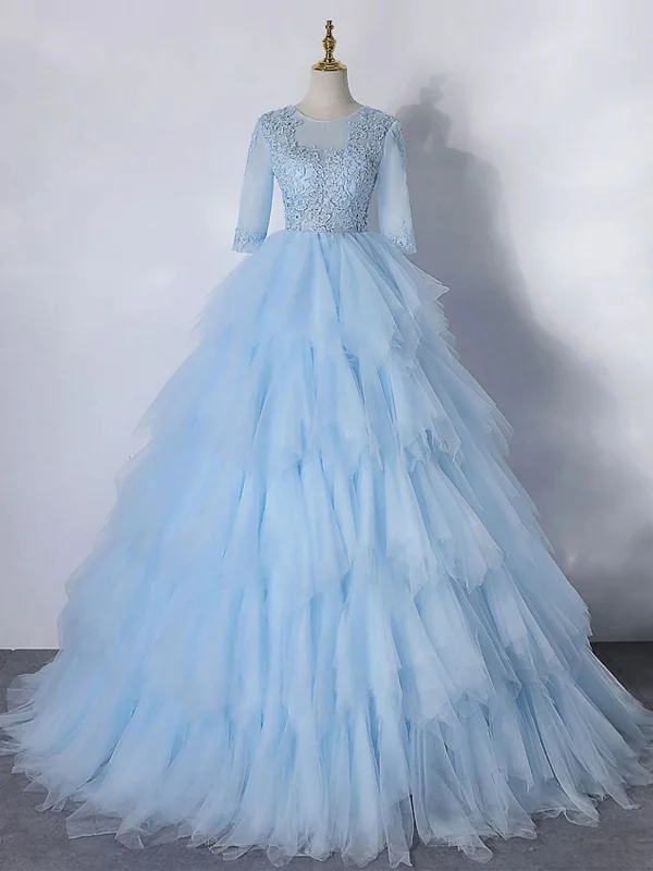 Don't Wait sleek dresssleek dressRound Neck Half Sleeves Layered Light Blue Long Prom Dresses, Light Blue Lace Formal Dresses, Blue Evening Dresses SP2564