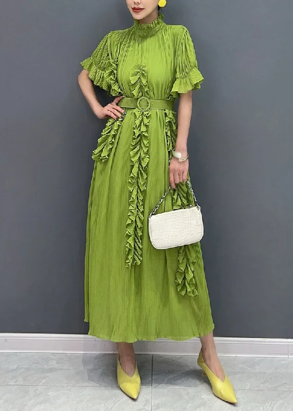 cocktail party dressVogue Green Turtleneck Ruffled Wrinkled Maxi Dress Short Sleeve