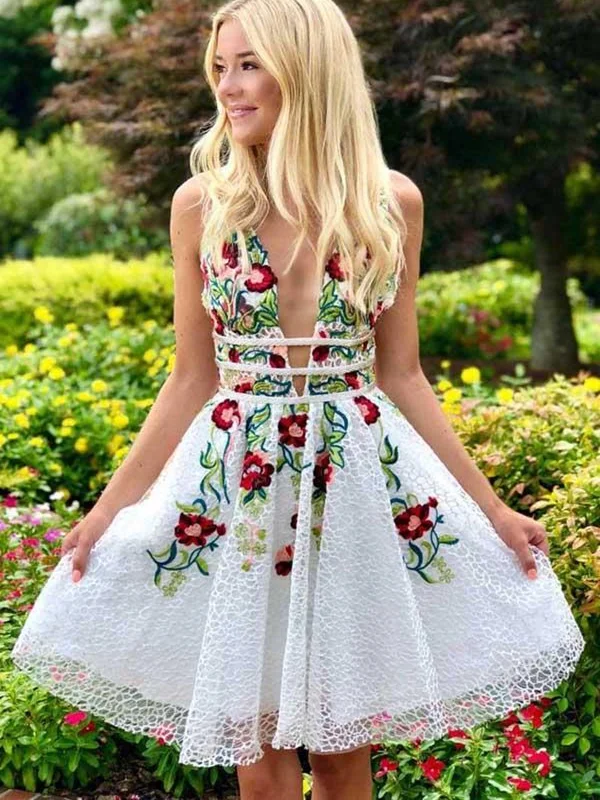 Special Savings t-shirt dresst-shirt dressV Neck Open Back White Lace Beaded Short Prom Dresses with Appliques, Floral White Homecoming Dresses, Backless White Formal Evening Dresses