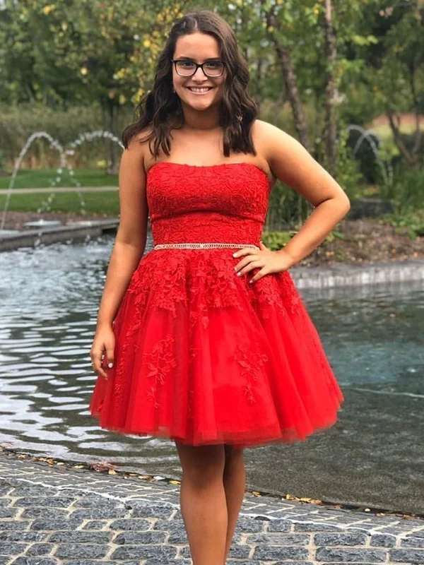 Savings Galore comfy dresscomfy dressStrapless Red Lace Short Prom Dresses with Belt, Red Lace Homecoming Dresses, Short Red Formal Graduation Evening Dresses SP2408