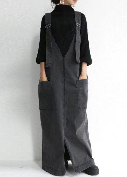 Price Cut chic dresschic dressUnique Dark Grey V Neck Pockets Patchwork Denim Carpenter Dress Spring